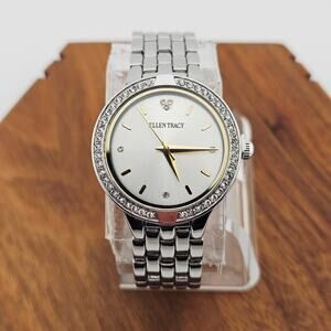 Ellen Tracy Womens Silver Tone Watch Gift Set Rhinestone Heart Earrings Necklace